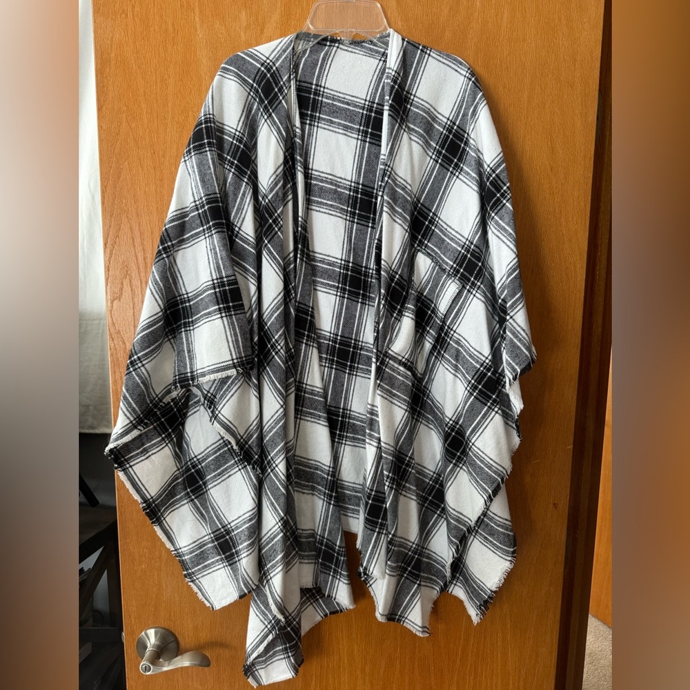 Plaid Black and White Poncho Sweater